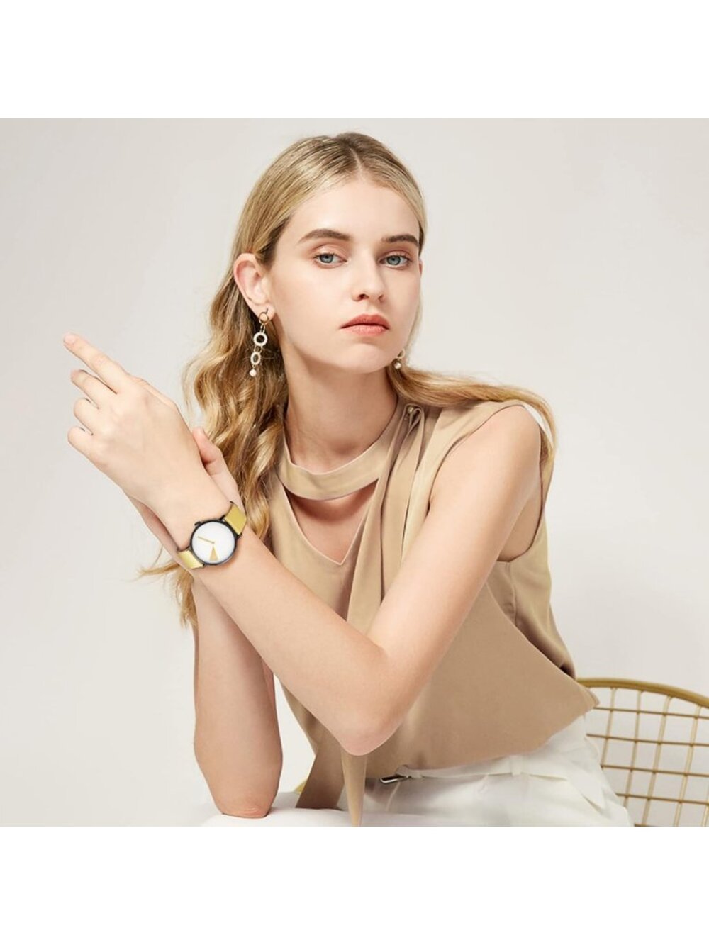 Women's Yellow White Creative Ultra-Thin Strap Fashion Quartz Minimalist Watch - Picture 4 of 7